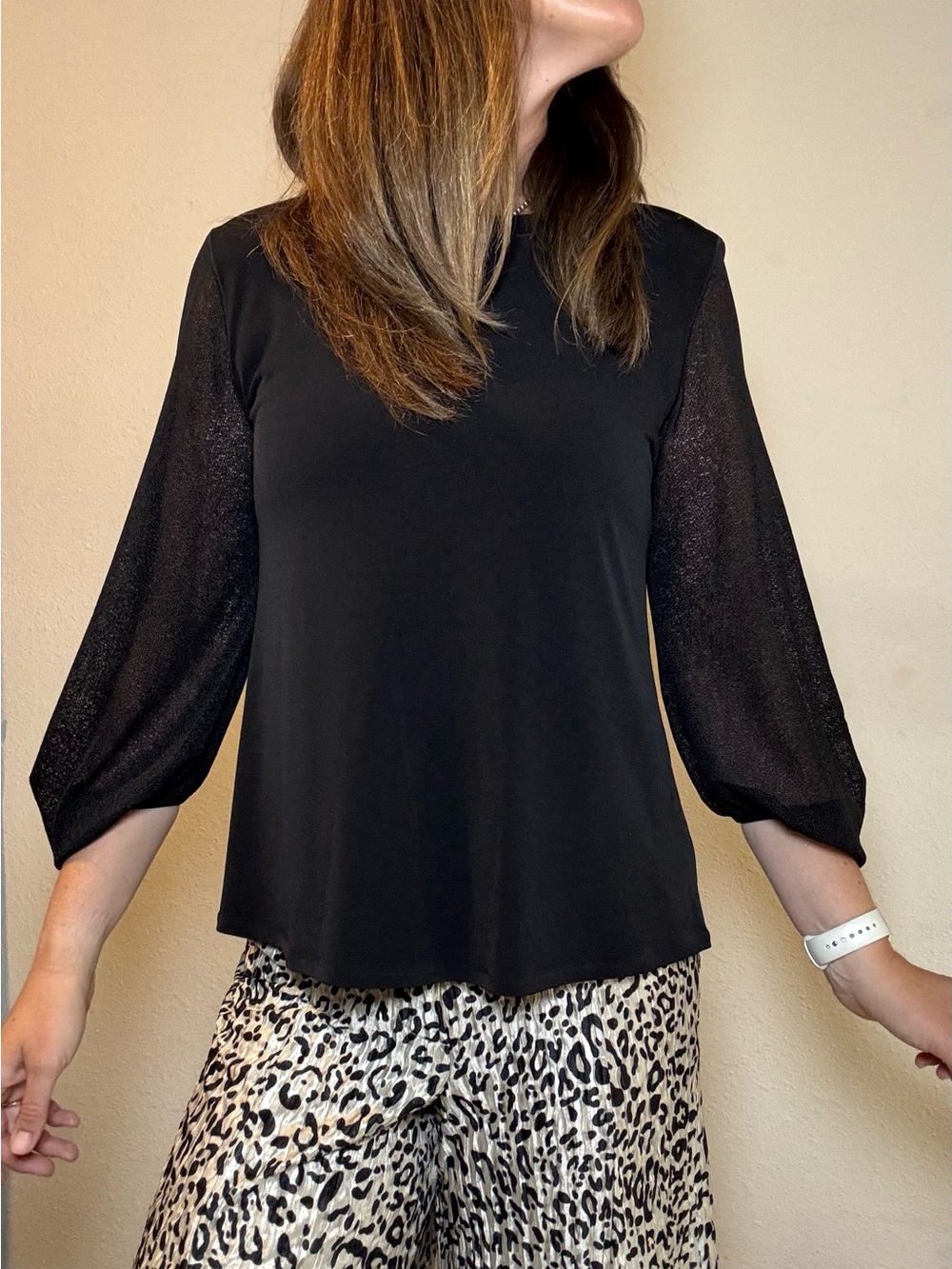 NWT Eva Varro Sheer Peasant Sleeve Top in Orbit Lace/Black